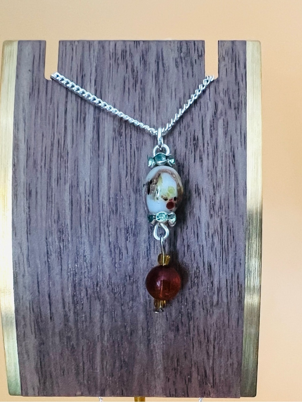 Glass Bead Pendant silver plated Necklace - Amber & Cream